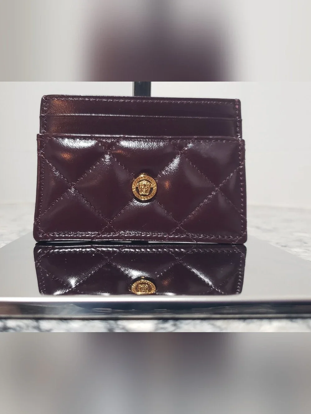 Versace Burgundy Quilted Leather Gold Medusa Card Case Holder NIB